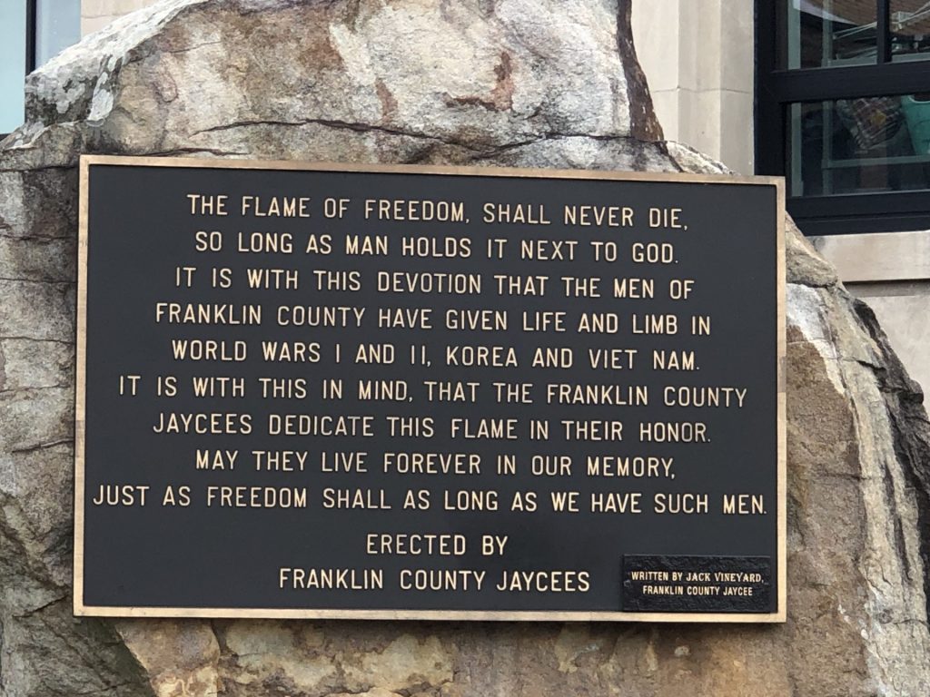 FRANKLIN COUNTY JAYCEES FLAME OF FREEDOM WAR MEMORIAL PLAQUE