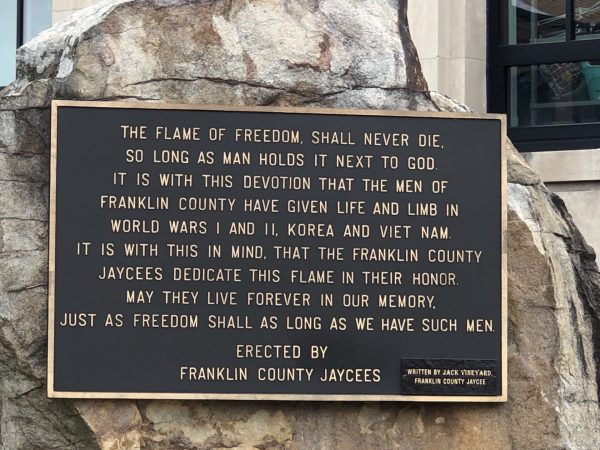 FRANKLIN COUNTY JAYCEES FLAME OF FREEDOM WAR MEMORIAL PLAQUE