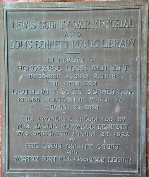 LEWIS COUNTY WAR MEMORIAL AND LOUIS BENNETT PUBLIC LIBRARY MEMORIAL PLAQUE