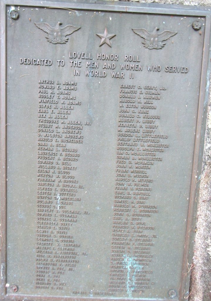 LOVELL HONOR ROLL WORLD WAR II MEMORIAL PLAQUE
