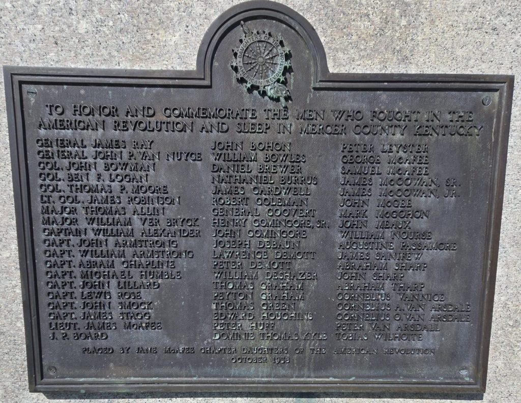 MERCER COUNTY KENTUCKY REVOLUTIONARY WAR MEMORIAL PLAQUE