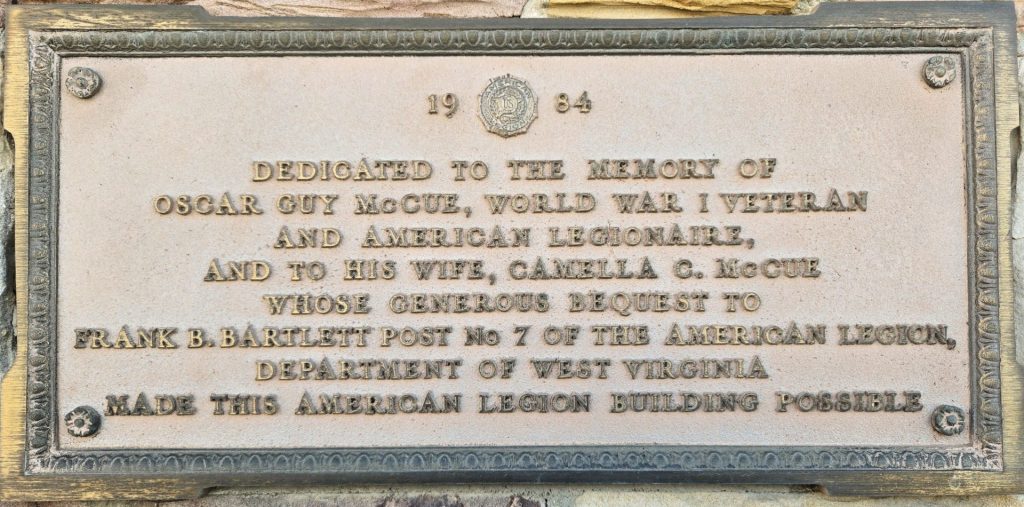 OSCAR GUY MCCUE WORLD WAR I VETERAN MEMORIAL BUILDING PLAQUE