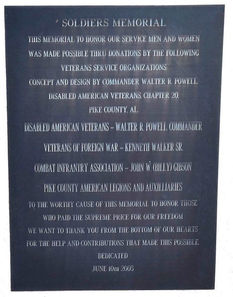 PIKE COUNTY, AL SOLDIERS MEMORIAL PLAQUE