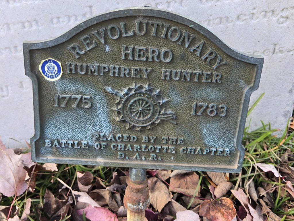 REVOLUTIONARY HERO HUMPHREY HUNTER MEMORIAL PLAQUE