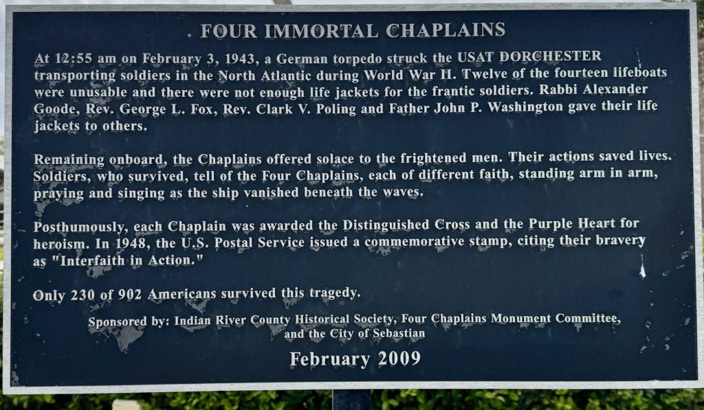 SEBASTIAN FOUR IMMORTAL CHAPLAINS MEMORIAL PLAQUE