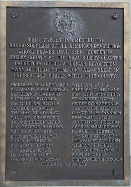 SHELBY COUNTY SOLDIERS OF THE AMERICAN REVOLUTION WAR MEMORIAL PLAQUE