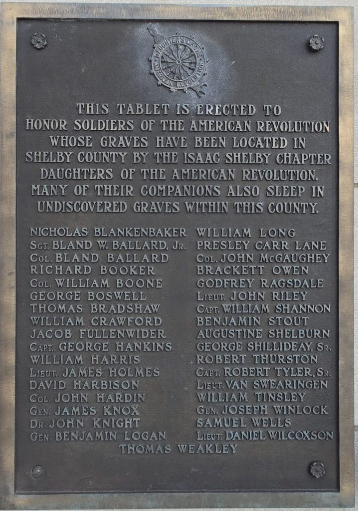 SHELBY COUNTY SOLDIERS OF THE AMERICAN REVOLUTION WAR MEMORIAL PLAQUE