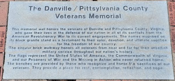 THE DANVILLE/PITTSYLVANIA COUNTY VETERANS MEMORIAL PLAQUE