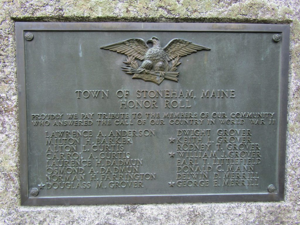 TOWN OF STONEHAM, MAINE HONOR ROLL WORLD WAR II MEMORIAL PLAQUE