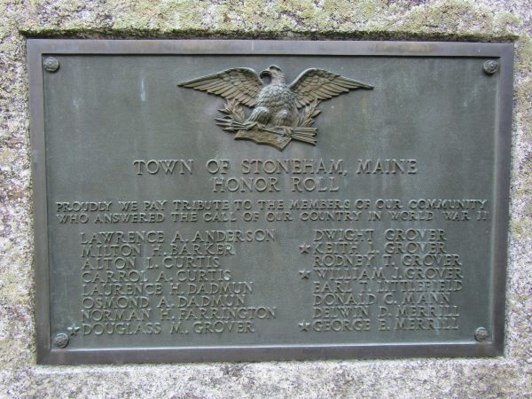 TOWN OF STONEHAM, MAINE HONOR ROLL WORLD WAR II MEMORIAL PLAQUE