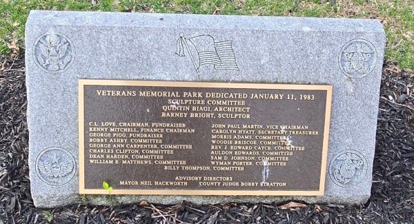 VETERANS MEMORIAL PARK SCULPTURE PLAQUE