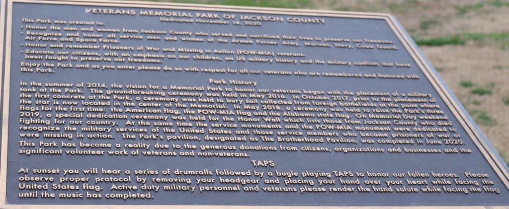 VETERANS MEMORIAL PARK OF JACKSON COUNTY PLAQUE