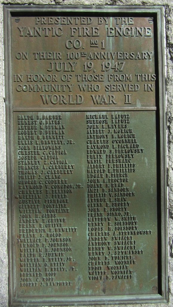 YANTIC FIRE ENGINE CO. NO 1 WORLD WAR II VETERANS MEMORIAL PLAQUE