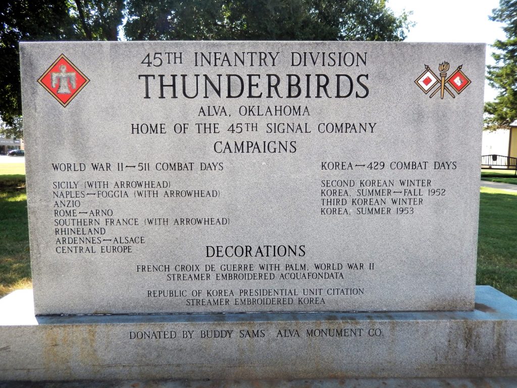 45TH INFANTRY DIVISION THUNDERBIRDS 45TH SIGNAL COMPANY MEMORIAL FRONT