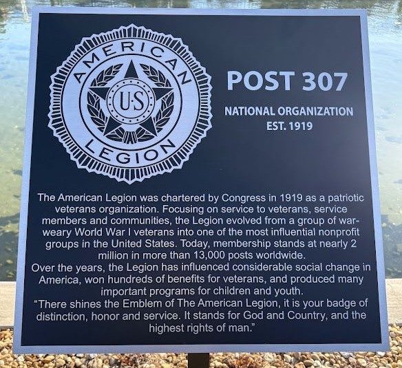 AMERICAN LEGION POST 307 NATIONAL ORGANIZATION EST. 1919 MEMORIAL PLAQUE