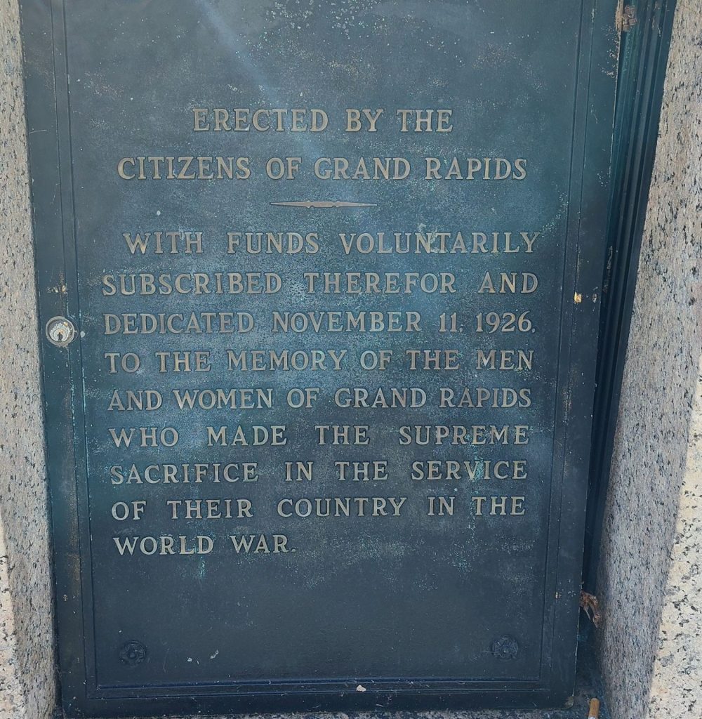 CITIZENS OF GRAND RAPIDS WORLD WAR MEMORIAL LEFT OBELISK PLAQUE A
