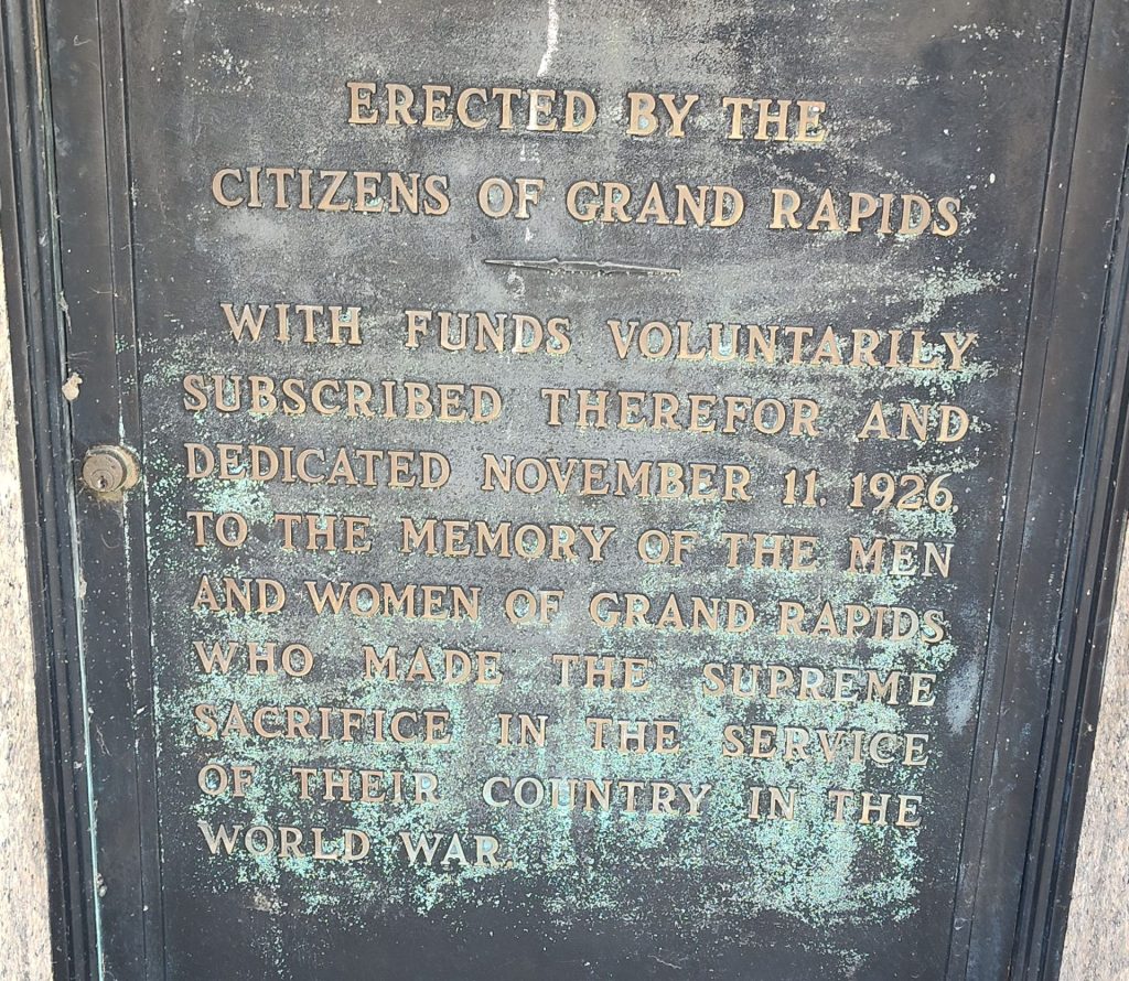 CITIZENS OF GRAND RAPIDS WORLD WAR MEMORIAL RIGHT OBELISK PLAQUE A