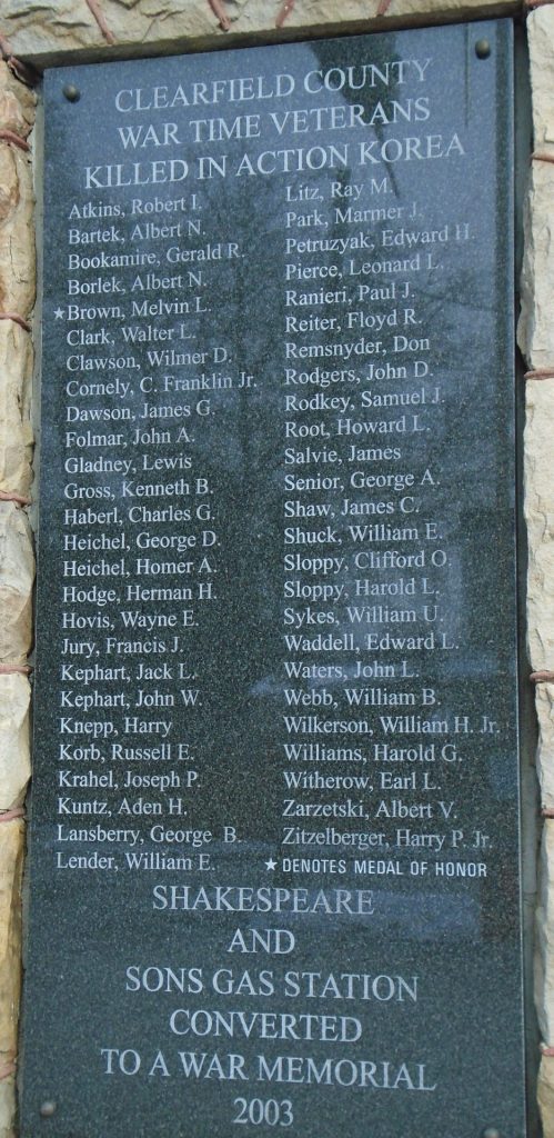 CLEARFIELD COUNTY WAR TIME VETERANS KILLED IN ACTION KOREA MEMORIAL PLAQUE