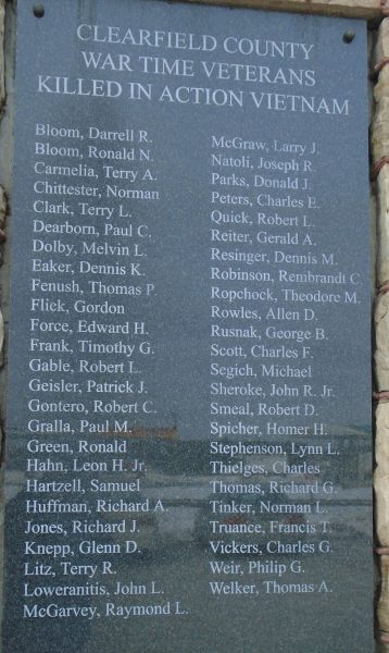 CLEARFIELD COUNTY WAR TIME VETERANS KILLED IN ACTION VIETNAM MEMORIAL PLAQUE