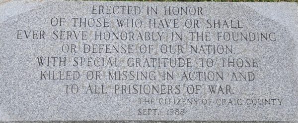 CRAIG COUNTY ALL VETERANS MEMORIAL TABLET
