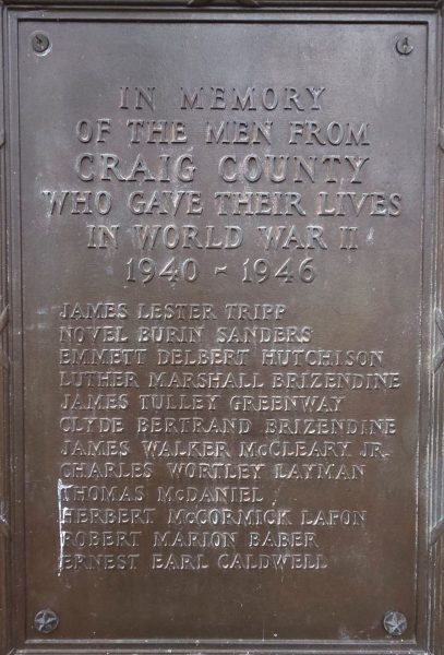 CRAIG COUNTY WORLD WAR II MEMORIAL PLAQUE