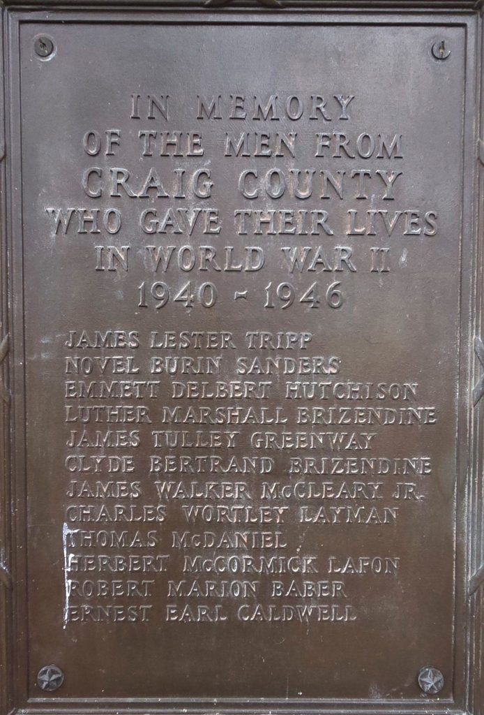 CRAIG COUNTY WORLD WAR II MEMORIAL PLAQUE