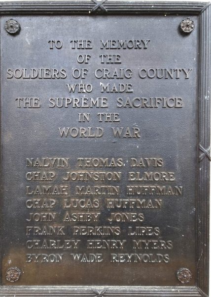 CRAIG COUNTY WORLD WAR SUPREME SACRIFICE MEMORIAL PLAQUE