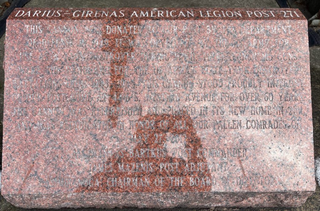 DARIUS-GIRENAS AMERICAN LEGION POST 271 WAR MEMORIAL CANNON STONE