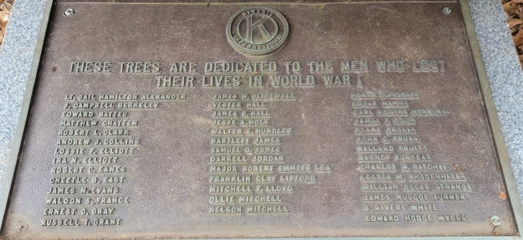 KIWANIS INTERNATIONAL WORLD WAR I MEMORIAL TREES PLAQUE