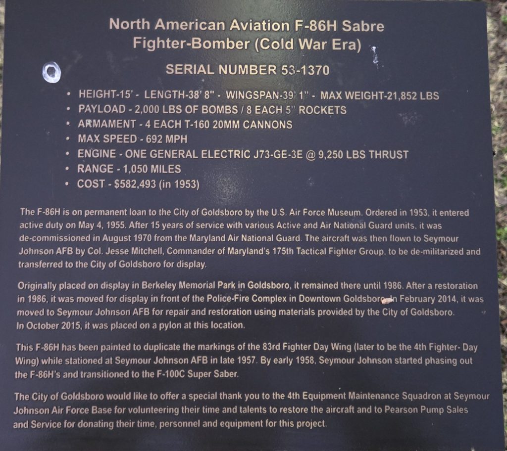 NORTH AMERICAN AVIATION F-86H SABRE MEMORIAL PLAQUE