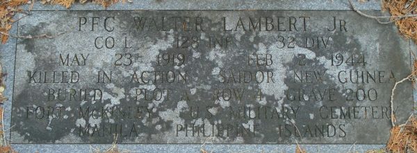 PFC WALTER LAMBERT JR WAR MEMORIAL CEMETERY STONE