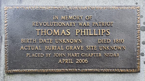 REVOLUTIONARY WAR PATRIOT THOMAS PHILLIPS MEMORIAL PLAQUE