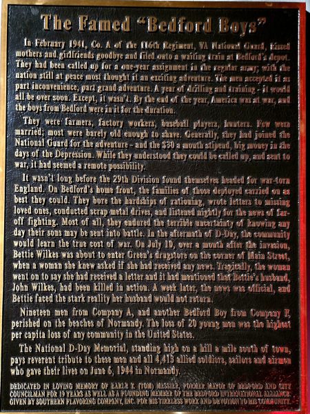 THE FAMED “BEDFORD BOYS” WAR MEMORIAL PLAQUE