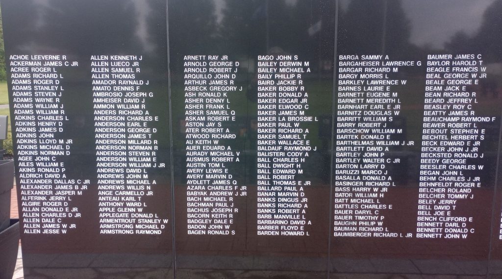 THE OHIO VIETNAM VETERANS MEMORIAL WALL SECTION A