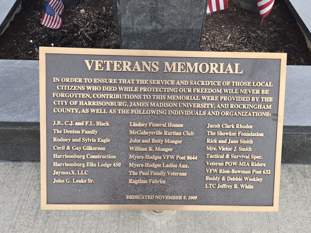 VETERANS MEMORIAL HARRISONBURG PLAQUE A