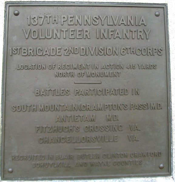 137TH PENNSYLVANIA VOLUNTEER INFANTRY REGIMENT WAR MEMORIAL PLAQUE