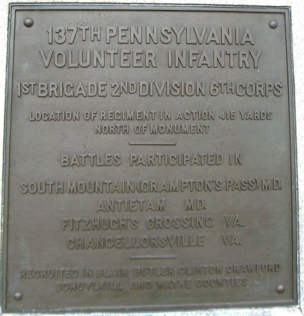 137TH PENNSYLVANIA VOLUNTEER INFANTRY REGIMENT WAR MEMORIAL PLAQUE