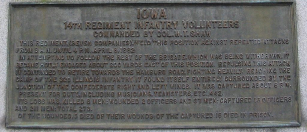 14TH IOWA INFANTRY REGIMENT AT SHILOH MEMORIAL PLAQUE