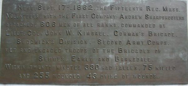 15TH MASSACHUSETTS VOLUNTEER INFANTRY REGIMENT WAR MEMORIAL PLAQUE A