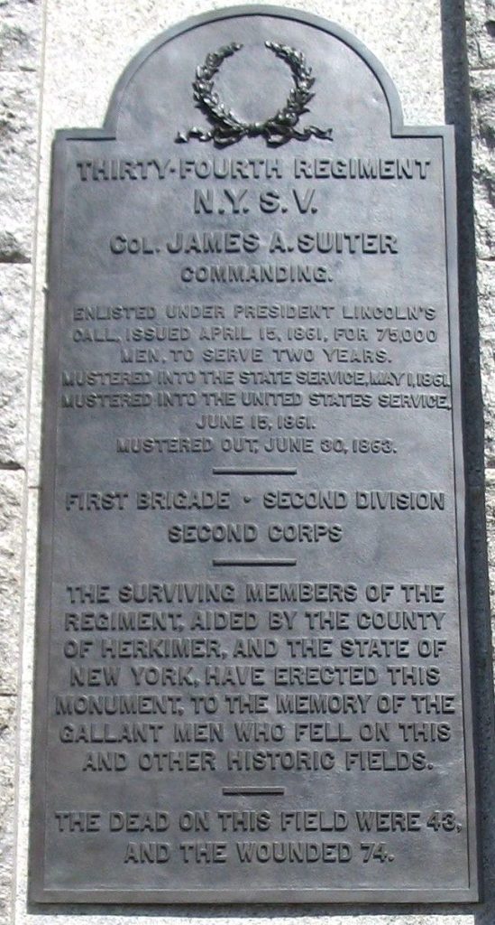 34TH NEW YORK VOLUNTEER INFANTRY REGIMENT WAR MEMORIAL PLAQUE A