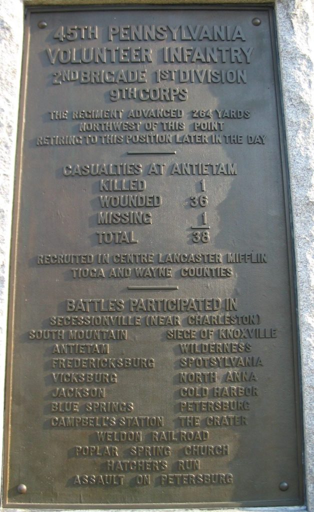 45TH PENNSYLVANIA VOLUNTEER INFANTRY REGIMENT WAR MEMORIAL PLAQUE