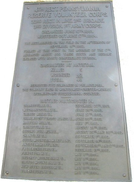 4TH REGIMENT PENNSYLVANIA RESERVE VOLUNTEER CORPS PLAQUE