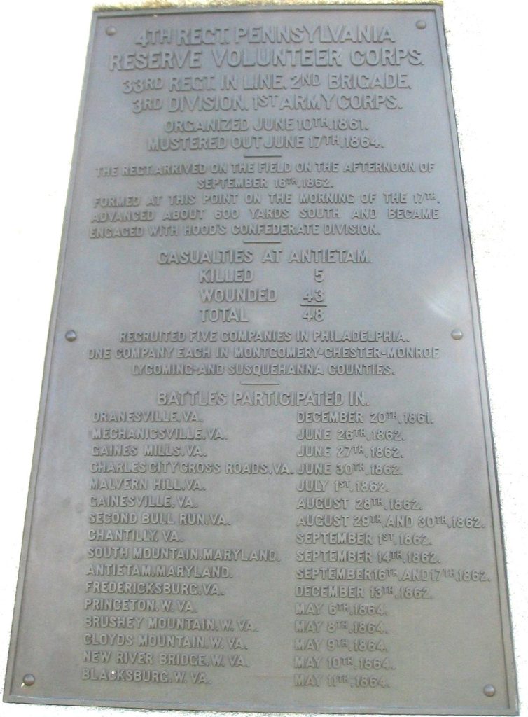 4TH REGIMENT PENNSYLVANIA RESERVE VOLUNTEER CORPS PLAQUE