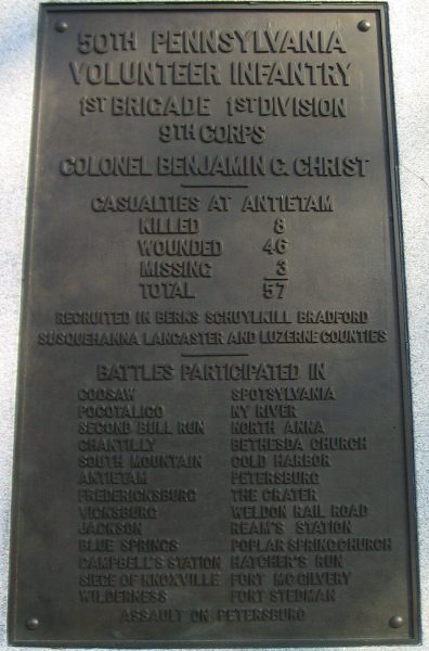 50TH PENNSYLVANIA VOLUNTEER INFANTRY REGIMENT WAR MEMORIAL PLAQUE