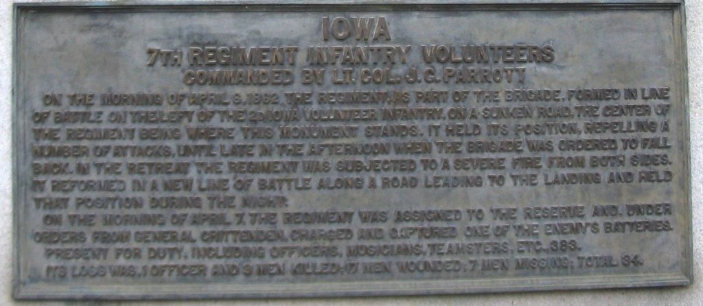 7TH IOWA INFANTRY REGIMENT AT SHILOH MEMORIAL PLAQUE