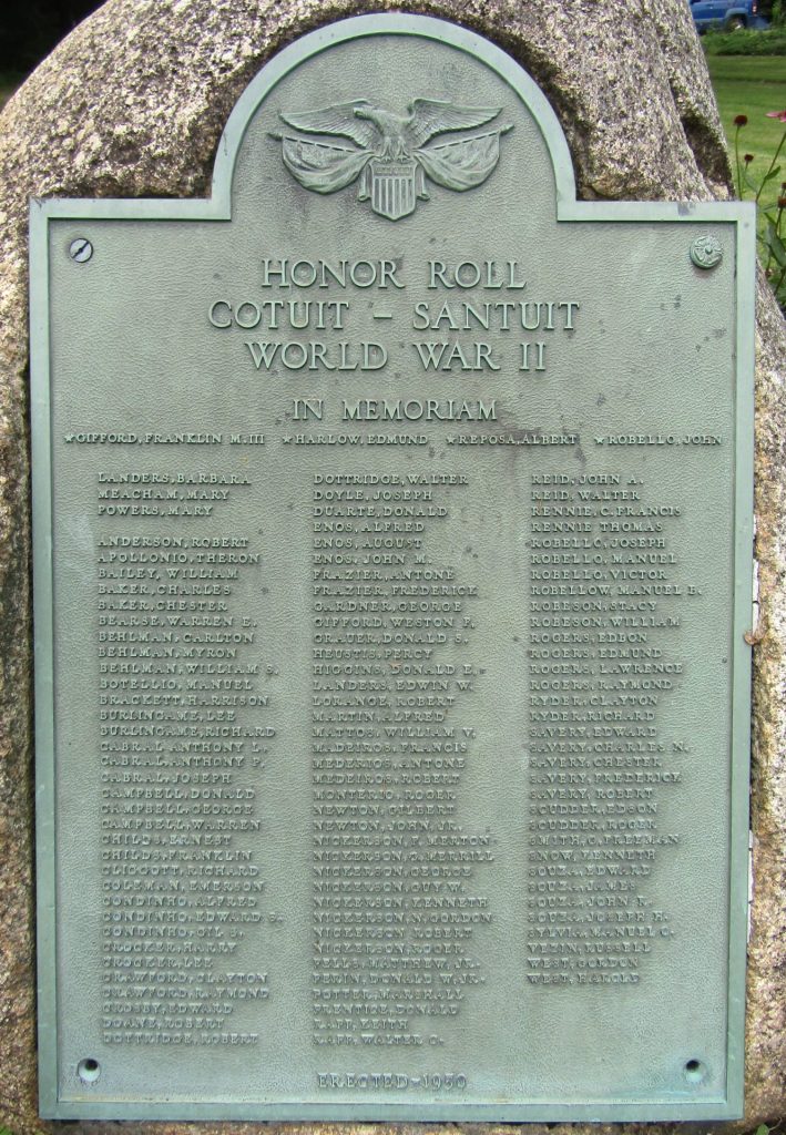 COTUIT-SANTUIT WORLD WAR II HOHOR ROLL MEMORIAL PLAQUE