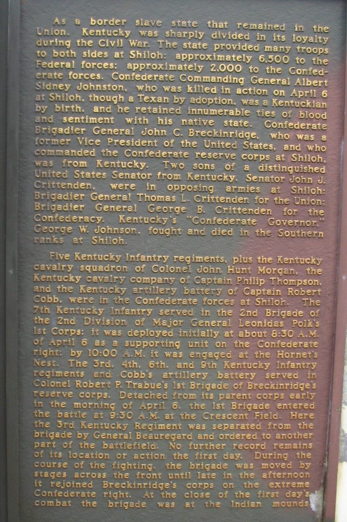 KENTUCKY REGIMENTS AT BATTLE OF SHILOH WAR MEMORIAL MEMORIAL PLAQUE  C