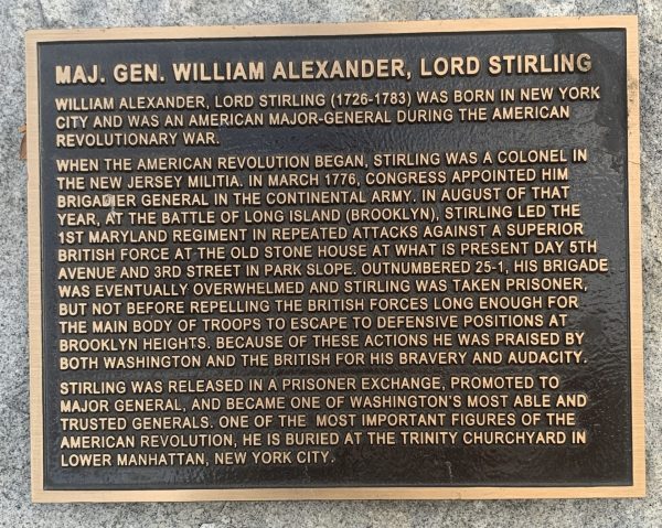 MAJ. GEN. WILLIAM ALEXANDER, LORD STIRLING WAR MEMORIAL PLAQUE
