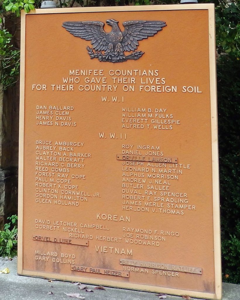 MENIFEE COUNTIANS WHO GAVE THEIR LIVES FOR THEIR COUNTRY ON FOREIGN SOIL MEMORIAL PLAQUE