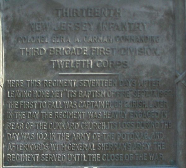 NEW JERSEY STATE BATTLE OF ANTIETAM MEMORIAL PLAQUE A